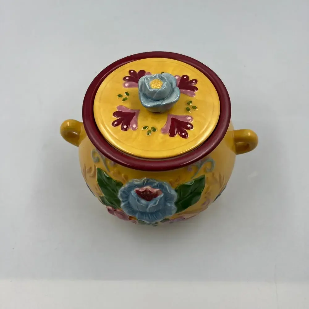 Jim Shore Heartwood Creek Crock Jar W Lid Ceramic Floral Cottage‎ Core Folk Art